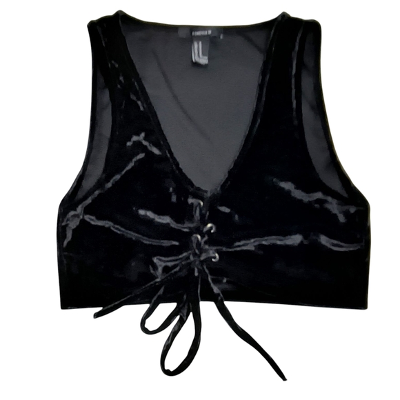 Forever 21 Black Velvet Goth Whimsigoth Cropped Front Lace Up Sleeveless Top M - Picture 8 of 8